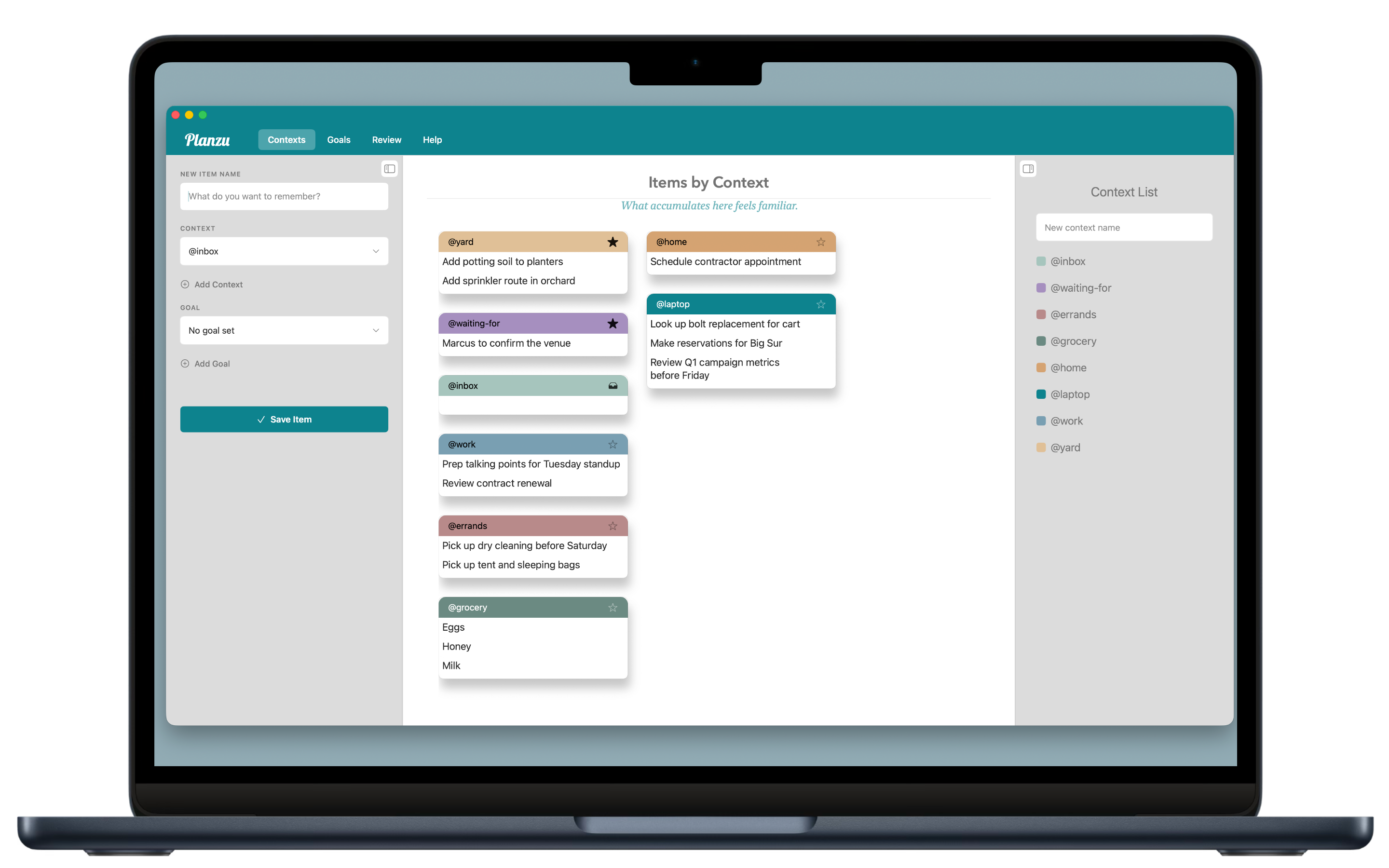 Planzu main interface showing contexts and items