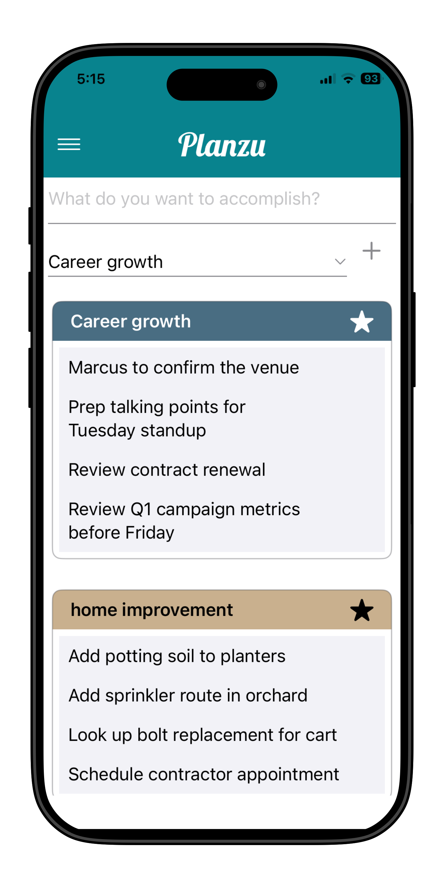 Goals view showing work organized by intention